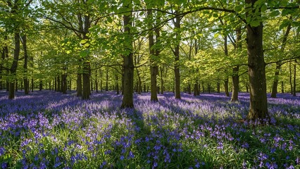 Sunlight filters through forest with vibrant blue and purple blossoms beneath lush green leaves