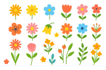 Cute cartoon flowers set. Colorful simple floral illustrations collection. Vector design elements for kids, spring, summer. Groovy retro style doodle garden blooms isolated.