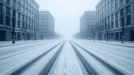 A deserted city street covered in snow with two sets of tram tracks leading into a dense fog creating an atmospheric and moody urban winter scene