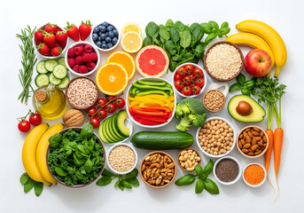 Many different healthy food on white table, flat lay