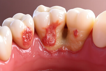 Advanced periodontitis affecting the alveoli. A highly detailed, realistic close-up of a human tooth showing advanced periodontitis.