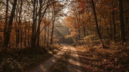 Fototapeta premium Early daylight glimmers on tree branches surrounded by fall colors in the woodland.