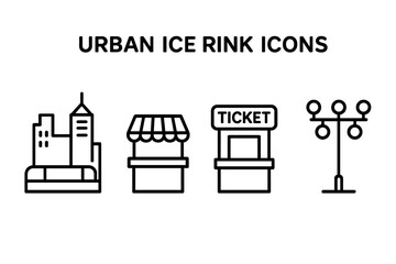 Fototapeta premium Urban ice rink icon set. Winter city festival line art. Christmas market graphic elements. Ticket booth, stall, cityscape, and street light vector illustration collection.