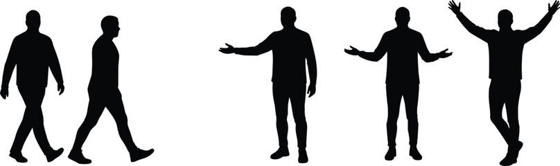 Human silhouette vector illustration, walking, gesturing, raising arms, various poses, isolated on white, stock content, SEO