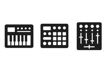 Electronic music equipment solid glyph icon set. Vector symbols for music production, synthesizer, drum machine, sampler, MIDI controller, and DJ mixer for audio design.