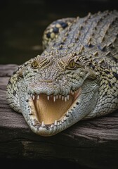 Obraz premium Captivating close-up of a formidable crocodile with open jaws on timber