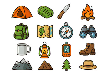 Camping and hiking icon set. Outdoor adventure equipment collection. Includes tent, backpack, compass, map, campfire, and lantern. Flat cartoon vector illustration.