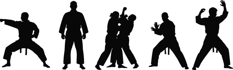 Martial arts silhouettes, karate poses, self-defense training, black belt practice, combat techniques, vector illustration, isolated