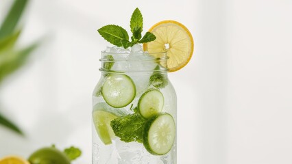 Fototapeta premium Cool drink made from cucumber, lemon, and mint served in glass