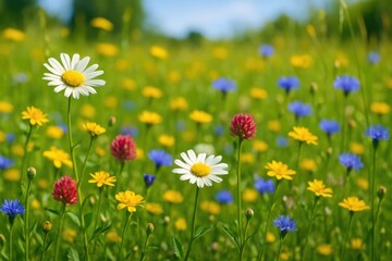 Obraz premium Outdoor scene featuring colorful summer flowers in a meadow