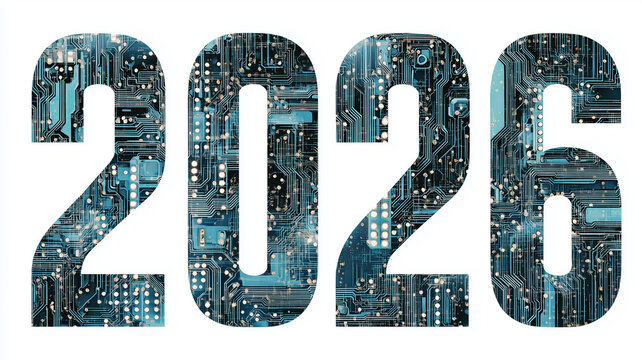 Year 2026 numbers with circuit board texture