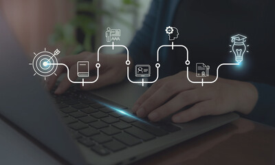 AI powered personalized E-Learning concept. Digital transformation of education through personalized E-Learning by AI and machine learning. Online education, skill development and graduation.