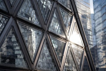 A closeup view revealing the geometric patterns and reflective surfaces of a contemporary building catching sunlight