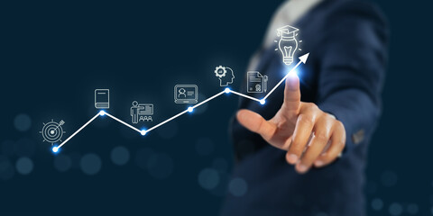 AI powered personalized E-Learning concept. Digital transformation of education through personalized E-Learning by AI and machine learning. Online education, skill development and graduation.