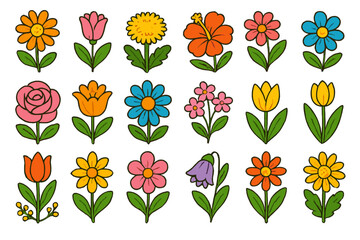Set of cute cartoon flowers. Colorful floral doodle collection. Hand-drawn botanical icons. Vector illustration pack with daisy, tulip, rose. Simple spring garden elements.