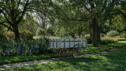 Rustic garden cart set in a suburban backyard