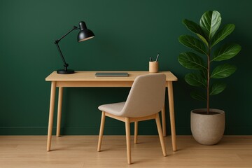 Contemporary workspace with ergonomic chair, decorative lamp, and lush plant beside a colorful wall