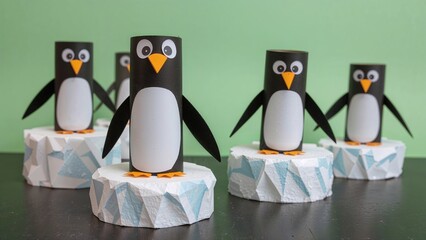 Kids' winter craft project making penguins from repurposed toilet paper cylinders set on foam ice platforms. An engaging activity themed around arctic animals for children and parents.