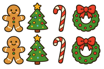 Cute Christmas icon set with gingerbread man, tree, candy cane, and wreath. Festive holiday cartoon vector illustration for seasonal decoration and seamless pattern design.