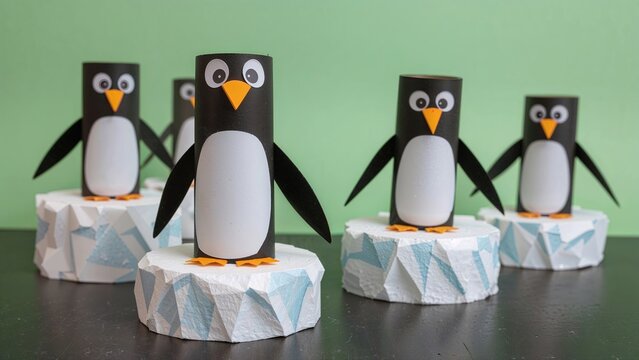 Kids' winter craft project making penguins from repurposed toilet paper cylinders set on foam ice platforms. An engaging activity themed around arctic animals for children and parents.