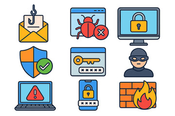 Cybersecurity icon set. Vector concepts of phishing scam, malware virus, hacker attack, firewall protection, password safety, data security. Online threat and safety cartoon.