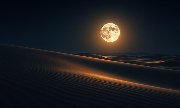 A luminous full moon illuminates vast desert dunes under a dark, mystical night sky, casting long shadows across the golden sand. - Powered by Adobe