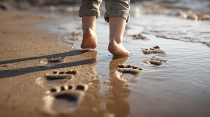 Child's feet making first footprints in wet sand