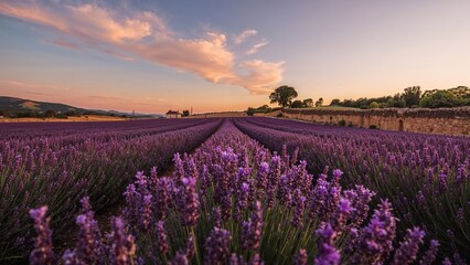 Fototapeta premium Breathtaking view of a lavender meadow bathed in soft sunset glow on a highland