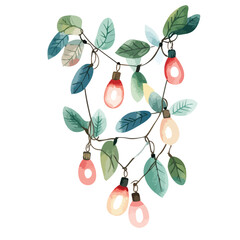 Delicate Watercolor Garland of Lights and Leaves