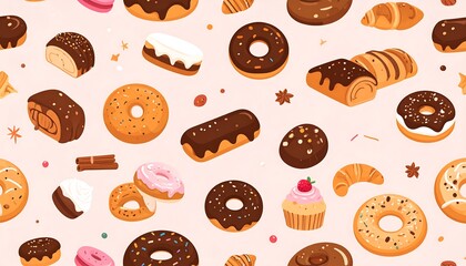 A whimsical pattern featuring an assortment of sweet baked goods, including donuts, pastries, and cupcakes, on a light pink background