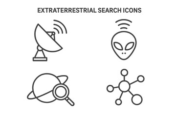 Extraterrestrial life search outline icon set. Vector icons of radio telescope, satellite signal, alien head, planet exploration, and biosignature molecule for science projects.