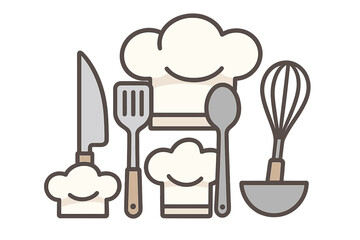 Chef hats and kitchen utensils icon set. Cooking tools for restaurant and culinary concepts. Flat vector illustration of knife, spatula, whisk, spoon for gastronomy design.