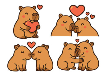 Obraz premium Cute capybara love story vector set. Cartoon animal couple expressing friendship, hugging, kissing. Kawaii character illustration with hearts for Valentine's day sticker.