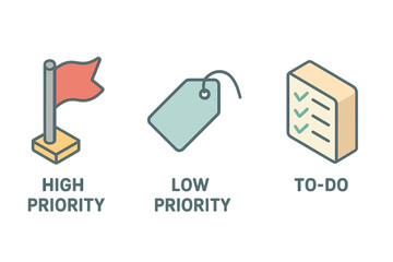 Task priority icon set. Isometric flat icons for project management. High priority flag, low priority tag, and to-do list for effective workflow organization and planning.