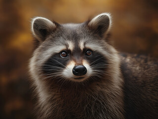 Fototapeta premium Close-up portrait of a raccoon with striking facial features, showcasing its expressive eyes and distinctive markings against a blurred natural background, highlighting wildlife beauty