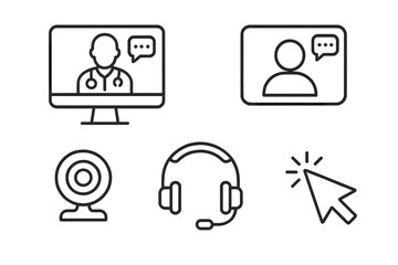 Telemedicine line icon set. Online doctor consultation, virtual healthcare concept. Remote medical support illustration. Vector icons of computer, patient video call, webcam, headset.