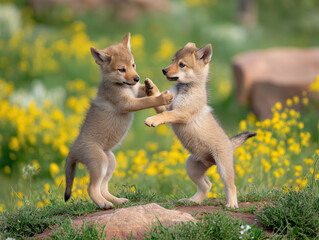 Two playful wolf puppies engaging in a friendly sparring match on a grassy field filled with vibrant yellow flowers, showcasing their lively nature and interaction