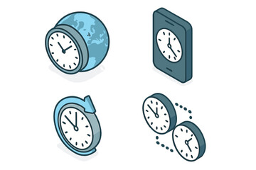 Time zone coordination isometric icon set. World clock on globe, smartphone time display, time change and difference icons. Global business vector illustration concept.