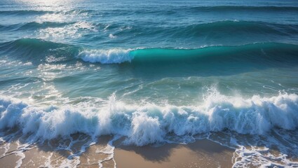 Bird's eye view of surf breaking onto the sandy coast