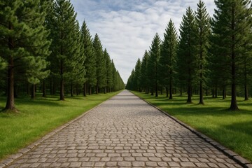 Rustic cobbled street surrounded by pine forest