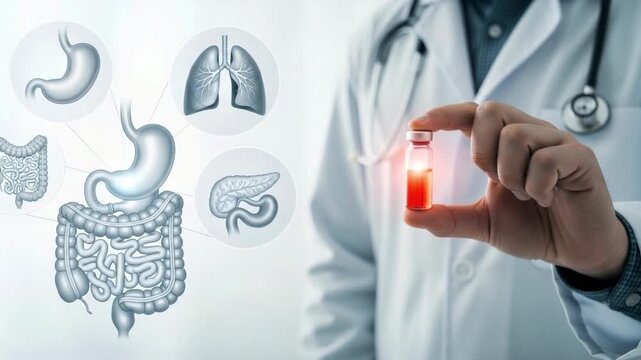 Doctor holding vial with human organs illustration including stomach lungs and intestines shown