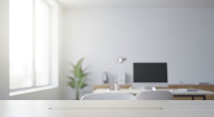 Bright, minimalist office blur with soft natural light. Clean backdrop for product mockups & digital overlays.