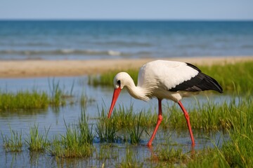 Obraz premium Wading bird searching for nourishment in wetlands