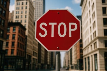 Obraz premium Street corner featuring a stop sign against a blurred cityscape