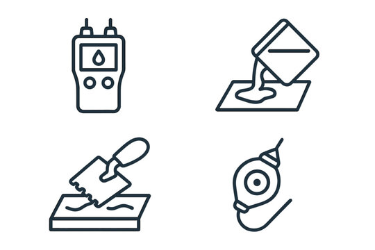 Subfloor preparation outline icon set. Flooring installation and renovation concept. Includes moisture meter, pouring self-leveling compound, notched trowel, and chalk line tool.