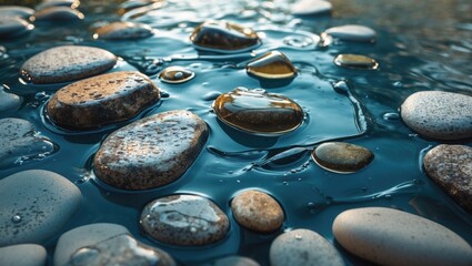 Stones beneath water with a tilted glass