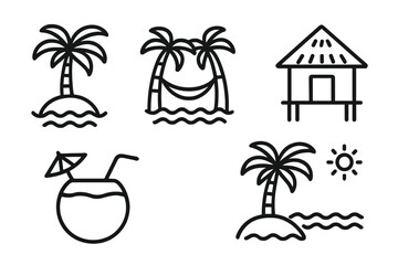 Tropical Paradise Icon Set of Palm Trees, Hammock, Thatched Hut, Coconut Drink, and Beach Scene Vector Illustration on Transparent Background
