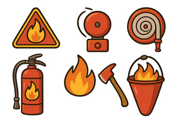 Fire safety equipment icon set. Vector collection of firefighter tools for emergency protection. Fireman symbols including extinguisher, alarm, hose, and warning sign.
