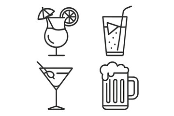Cocktail and beverage outline icons set. Bar drinks linear symbols. Vector illustration of beer, martini, tropical drink for menu. Minimalist alcohol pictogram collection.