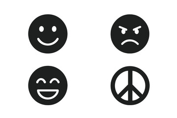 Fototapeta premium Emotional icons collection showing contrast. Happy smile, angry face, laughter, and peace symbol. Solid glyph pictogram set for mood and feeling concepts. Vector design.